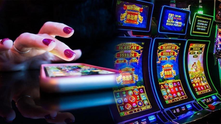 Mesin slot modern dengan warna-warni terang di antarmuka permainan digital